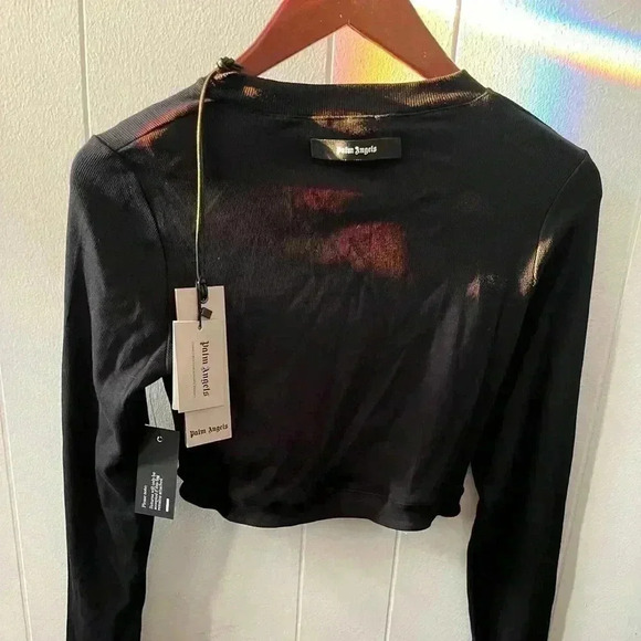 NWT PALM ANGELS FITTED RIBBED LONG SLEEVE CROPPED RIBBED T-SHIRT TEE BLACK L - Picture 8 of 11
